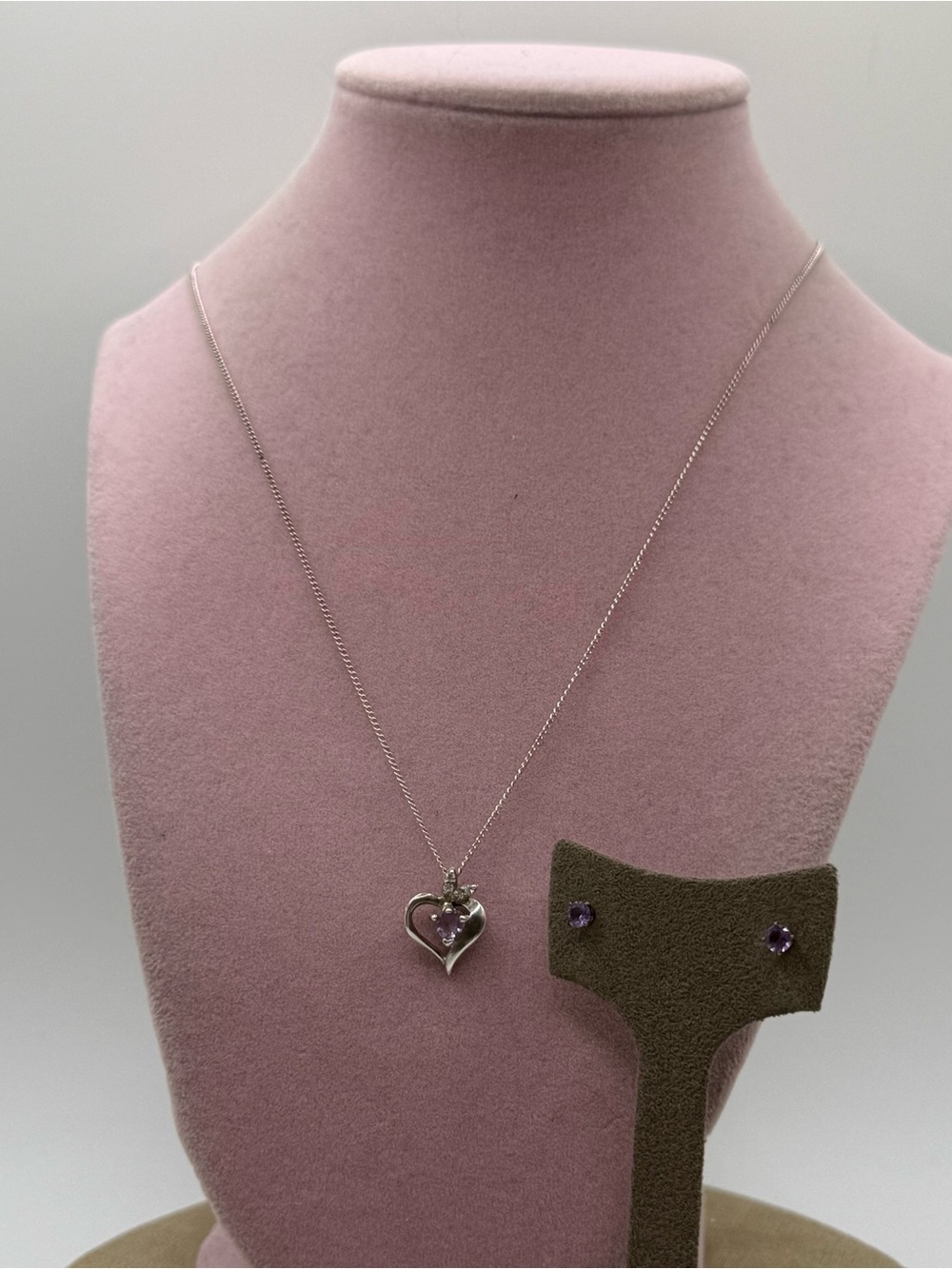 Sterling Silver amethyst Heart Pendant Necklace with earrings